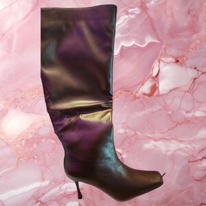 Faux Leather Square Toe Mid Heeled Knee High Boots